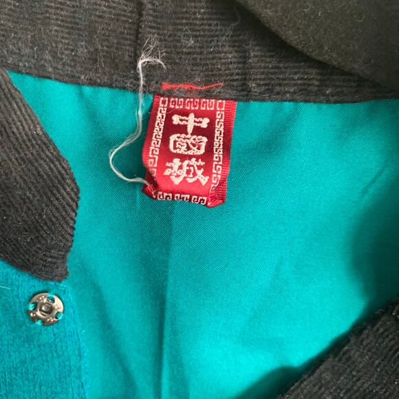 Vintage Blue Green Chinese Corduroy Embroidered Fish Sweater Jacket Sz M (apprx) - Picture 2 of 16